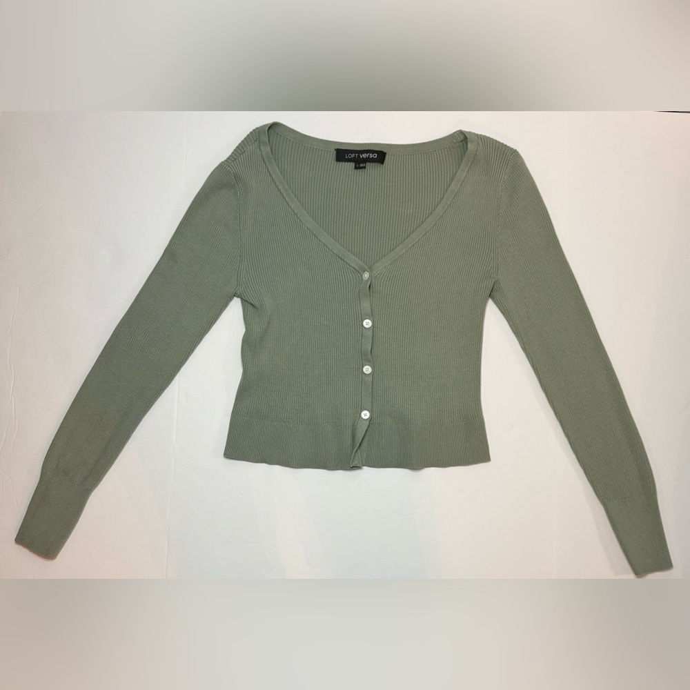 LOFT Versa Ribbed V-Neck Cardigan Frosted Sage Green Size S - Picture 2 of 13
